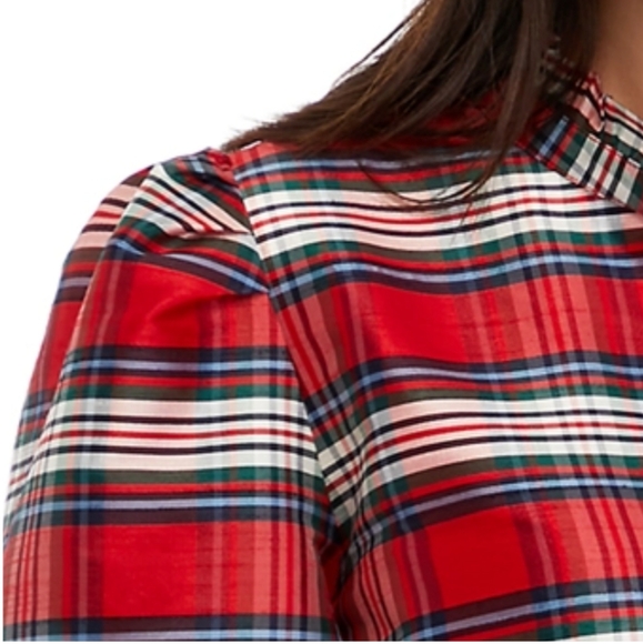 Crown & Ivy Red Plaid Puff Sleeves Split Neck Top Size Medium - Picture 5 of 13